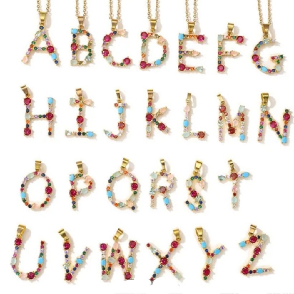 A Initial Pendant Necklace Multi-color Rhinestones Gold Tone Chain - Picture 5 of 16